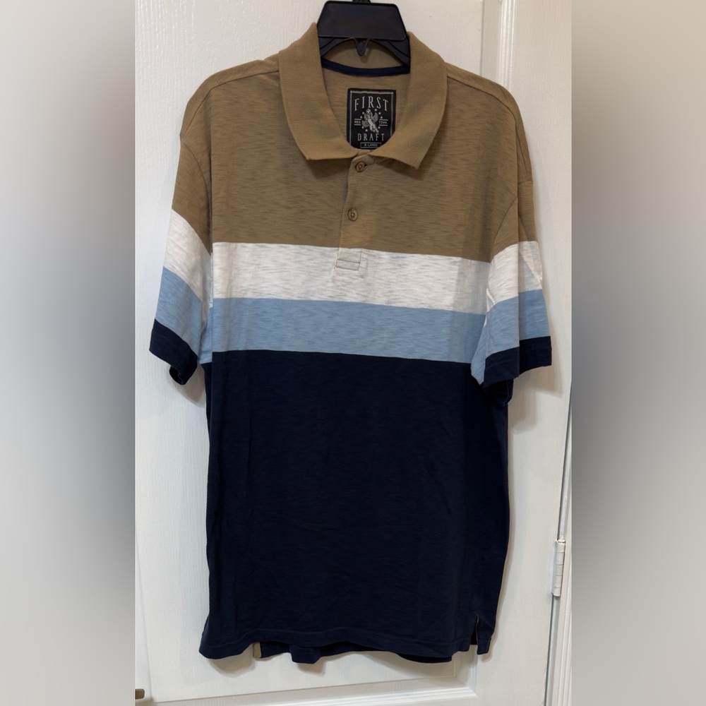 First Draft Men's Colorblock Polo Shirt in Navy, Light Blue, White & Tan New XL